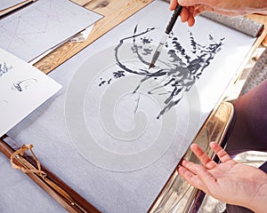 Japanese brush ink painting process learning, Shodo calligraphy art study photo