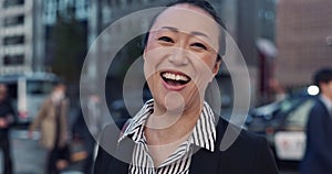 Japanese business woman, face and street with smile, excited and funny laugh in metro, city and road. Person, corporate