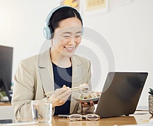 Japanese business woman, laptop and sushi on lunch, video or movie in office for thinking, headphones and happy. Asian