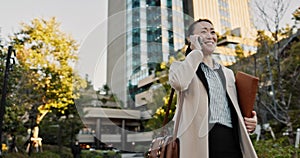 Japanese business woman, phone call and street on walk to workplace with communication, contact or networking. Person