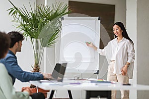 Japanese Businesswoman Presenting Project Ideas On Team Meeting in Office