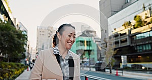 Japanese businesswomen, bow and walking to work, morning respect and corporate culture on sidewalk in city. People