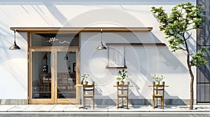 a Japanese cafe with tables and chairs arranged outside, cups placed thoughtfully on the tables, and the warmth of noon