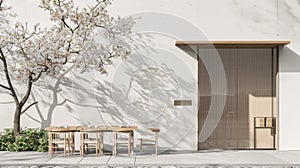 a Japanese cafe with tables and chairs arranged outside, cups placed thoughtfully on the tables, and the warmth of noon