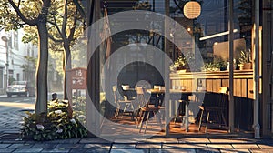 a Japanese cafe with tables and chairs arranged outside, cups placed thoughtfully on the tables, and the warmth of noon