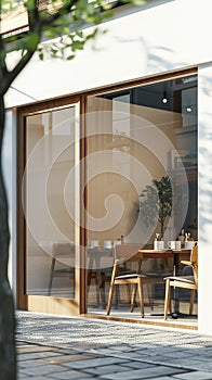 a Japanese cafe with tables and chairs arranged outside, cups placed thoughtfully on the tables, and the warmth of noon