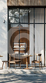 a Japanese cafe with tables and chairs arranged outside, cups placed thoughtfully on the tables, and the warmth of noon