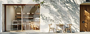 a Japanese cafe with tables and chairs arranged outside, cups placed thoughtfully on the tables, and the warmth of noon