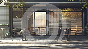 a Japanese cafe with tables and chairs arranged outside, cups placed thoughtfully on the tables, and the warmth of noon