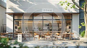 a Japanese cafe with tables and chairs arranged outside, cups placed thoughtfully on the tables, and the warmth of noon