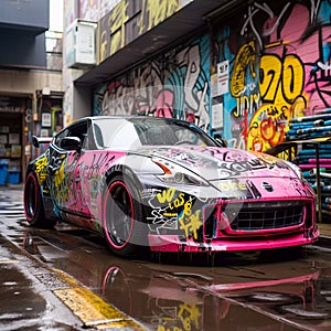 Japanese car tuning Bosozoku, graffiti poster art illustration, AI Generated