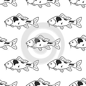 Japanese carp koi character abstract ink hand drawn vector seamless pattern. Retro illustration. Freshwater river and