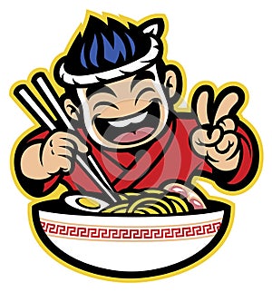 Japanese cartoon chef eating the ramen