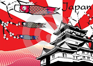 Japanese Castle with fish flag and fuji mountainc