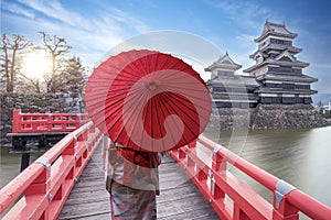 japanese castle in tokyo with cherry blossom photo