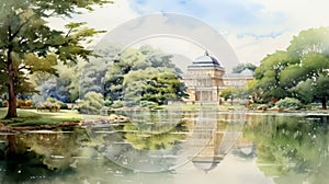Japanese Castle Watercolor Painting: Mirror Rooms And Classical Architecture