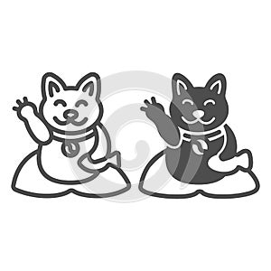 Japanese cat luck souvenir on pillow line and solid icon, asian culture concept, maneki neko vector sign on white