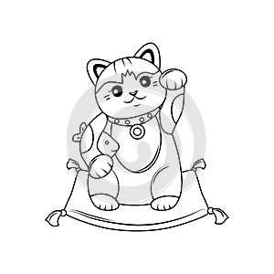 Japanese cat maneki neko outline. He raised his paw up, holds the carp, sits on the pillow. Vector illustration.