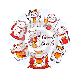 Japanese cats maneki neko with good luck wishes. Symbol of wealth. Vector cartoon set.