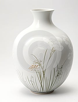 Japanese ceramic vase with floral pattern on the white background. Interior decor