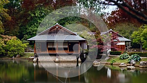 Japanese ceremonial house in a garden in Belgium