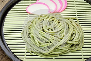 Japanese Cha Soba (Green tea Soba) in dish