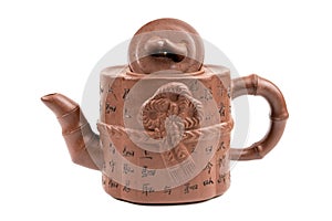 Traditional Japanese clay teapot. Japanese characters on a teapot translated into English mean