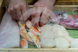 Japanese Chef cooking sashimi food.