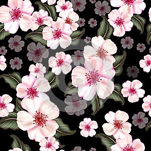 Japanese cherry blossom seamless pattern with pink flowers and green leaves.