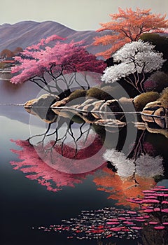 Japanese cherry blossoms, by the lake. Ia generative.