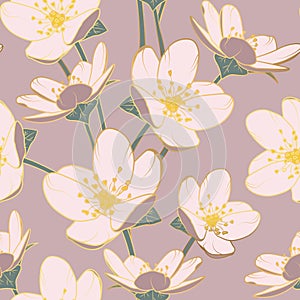 Japanese cherry sakura seamless pattern. Stylized flowers delailed drawing. White green yellow on pink background.