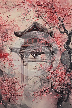 Japanese Cherry Trees in Traditional Painting, Merging the Beauty of Nature with Japan\'s Scenic Landscape and Shintoo Temple