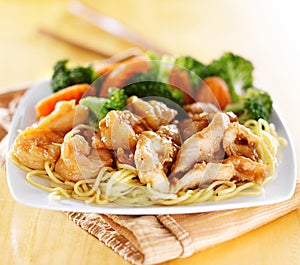 Japanese chicken and shrimp teriyaki on noodles