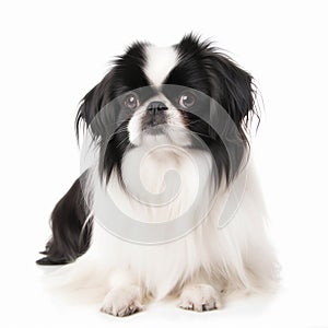 Japanese chin close up portrait isolated on white background. Cute pet, loyal friend,