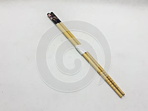 Japanese Chinese Bamboo Wooden Artistic Chopsticks for Traditional Eatery Tools in White Isolated Background