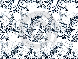 Japanese chinese design sketch ink paint style seamless pattern lespedeza plant birds