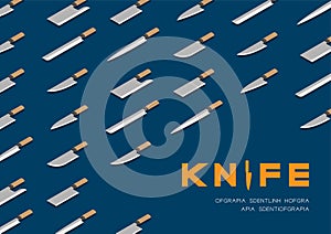 Japanese or Chinese Knives 3D isometric pattern, Kitchen knife utensils concept poster and banner horizontal design illustration