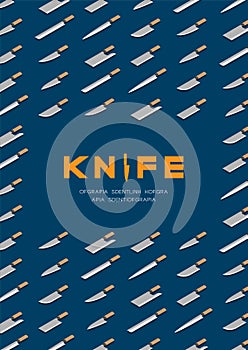 Japanese or Chinese Knives 3D isometric pattern, Kitchen knife utensils concept poster and banner vertical design illustration