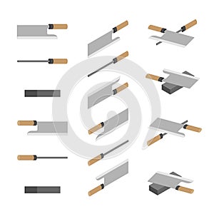 Japanese or Chinese Knives, whetstone and sharpener 3D isometric, Sharpen Kitchen knife utensils concept poster and banner design