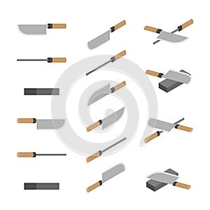 Japanese or Chinese Knives, whetstone and sharpener 3D isometric, Sharpen Kitchen knife utensils concept poster and banner design