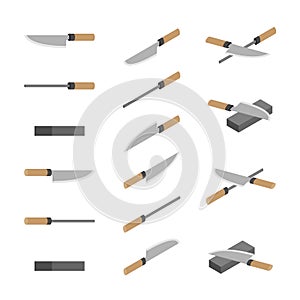 Japanese or Chinese Knives, whetstone and sharpener 3D isometric, Sharpen Kitchen knife utensils concept poster and banner design