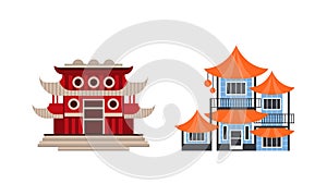 Japanese or Chinese Traditional Buildings Set, Ancient Asian Cultural Objects Facades Flat Vector Illustration