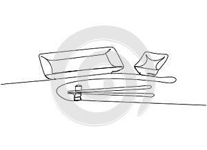 Japanese chopsticks, sauce bowl, japanese dishes, Dinnerware Set one line art. Continuous line drawing of sushi