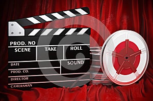 Japanese cinematography, film industry, cinema in Japan. Clapperboard with and film reels on the red fabric, 3D rendering