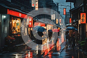 Japanese city at night people walking on rain-kissed streets with neon reflections