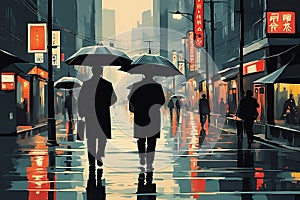 Japanese city at night people walking on rain-kissed streets neon reflections