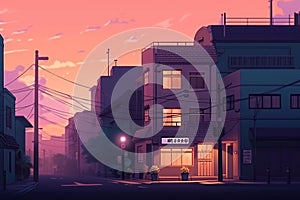 Japanese city sunset street anime art. Generate Ai