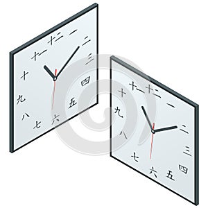 Japanese clock. Japanese Character Wall Clock. Flat 3d isometric vector illustration.