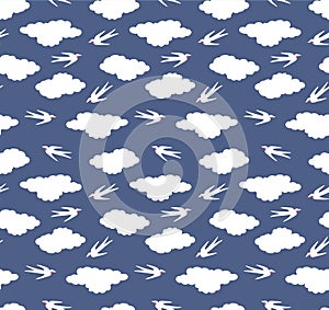 Japanese Cloud Flying Bird Vector Seamless Pattern