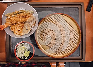 Japanese cold ramen noodles Zaru ramen with tempura set in Japanese style..Cold buckwheat soba noodles or zaru ramen with fried